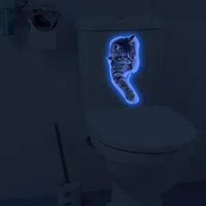Glow in the dark 3d cat toilet sticker waterproof removable wall decal for home bathroom decor