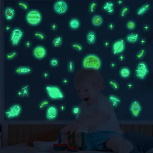 Autocollants muraux spatiaux phosphorescents, planètes et étoiles lumineuses chambre d'enfant.