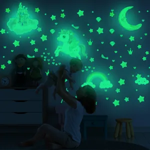 Stickers muraux licorne château phosphorescents pour chambre d'enfant, étoiles arc-en-ciel.