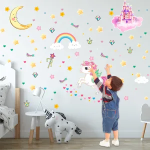 Stickers muraux chambre enfant licorne château étoiles arc-en-ciel décoration mignonne