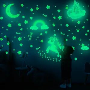 Stickers muraux licorne phosphorescents, décors lumineux de château d'étoiles pour chambre d'enfant.