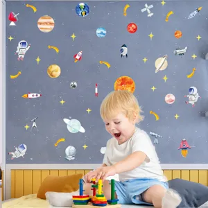 Stickers muraux espace enfant, planètes astronautes galaxie décoration chambre garçon.