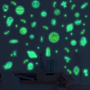 Scene d'autocollants muraux phosphorescents espace avec planetes et fusees pour deco chambre