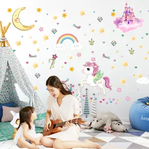 Adroits stickers muraux château licorne pour chambre d'enfants, autocollants arc-en-ciel.