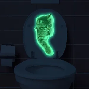 Glow in the dark 3D cat toilet sticker scene detail showing luminous effect on toilet lid.