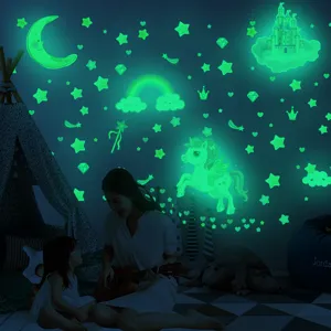 Autocollants muraux phosphorescents licorne château étoiles et lune chambre d'enfant.