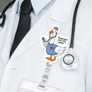 Cute doctor silly goose badge reel ID card holder for nurses and students, retractable clip.