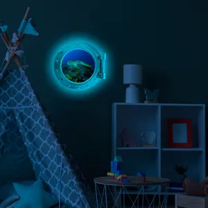Luminous porthole wall sticker featuring sea turtle, glowing marine animal home decor for kids room.
