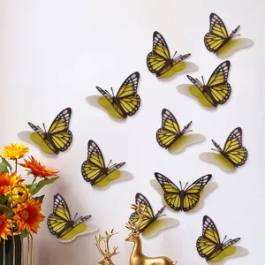 3D holle vlinder muurstickers van parelmoer papier, gele decoratieve stickers voor thuis huwelijk.