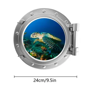 Luminous porthole marine turtle wall sticker, 24cm round fridge sticker home decor item.