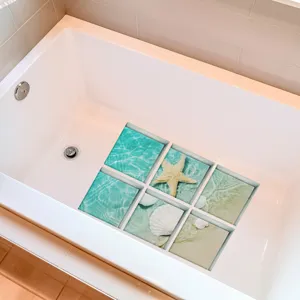 Anti-slip bathtub stickers detail shot, waterproof marine pattern treads for safe bath.