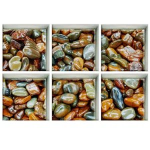 Non-slip bathtub sticker detail, realistic 3D wet river stone pebble pattern texture for safety.