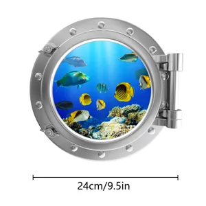 Marine animal porthole wall sticker, luminous 3D ocean fish fridge sticker decoration 24cm.