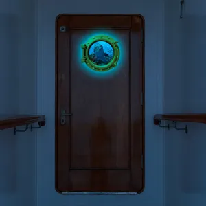 Luminous porthole dolphin wall sticker, glowing ocean animal decor for home room interior.