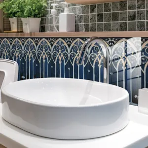 Adesivo per piastrelle blu oro vintage decorazione murale cucina bagno impermeabile