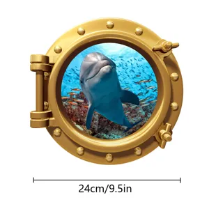 Detailed view of 3d dolphin porthole wall sticker showing ocean animal design and size.