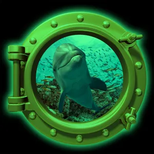 Close-up detail of the glowing porthole wall sticker featuring a vivid marine dolphin ocean scene.