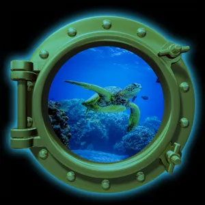 Detailed view of glowing porthole wall sticker featuring marine turtle ocean design home decor.