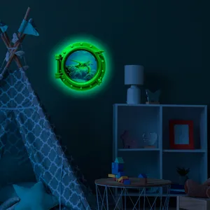 Glow in the dark turtle porthole wall sticker, luminous marine animal home decor detail view.