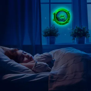 Luminous porthole wall sticker with marine sea turtle design, glowing in dark night bedroom detail.