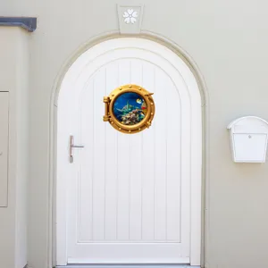 Decorative marine porthole wall sticker featuring sea turtles and coral reef scenery.