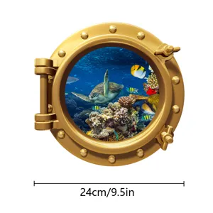 Luminous porthole marine animal wall sticker, 3D underwater sea turtle home decoration.