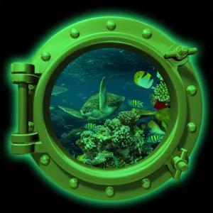 Detail view of luminous porthole wall sticker featuring ocean animals, sea turtle and coral design.