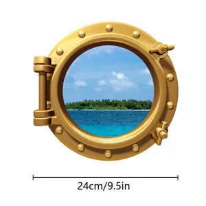 Detailed view of a golden nautical porthole wall sticker featuring a tropical ocean view.