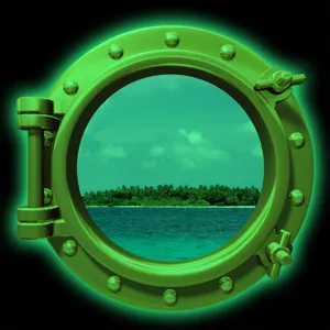 Detail shot of the luminous porthole fridge sticker featuring a tropical ocean window view.
