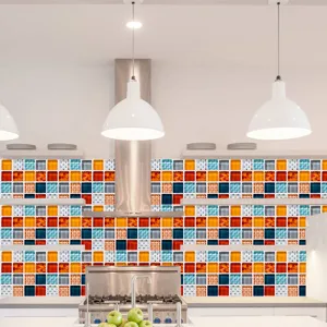 Detailed view of 3D colorful mosaic tile stickers on kitchen wall, easy DIY peel stick PVC decor.