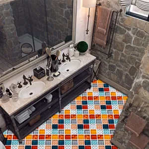 Detailed view of 3D mosaic tile stickers applied on bathroom floor, self-adhesive PVC design.