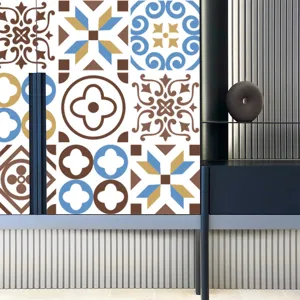 Detailed view of retro mosaic tile stickers applied on cabinet surface, showing glossy finish.