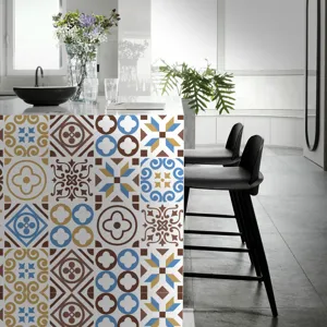 Close-up view of vintage decorative tile stickers featuring colorful geometric and floral patterns.