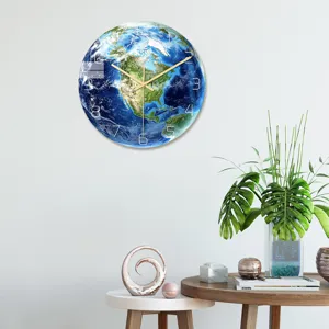 Luminous earth wall clock, acrylic UV printed planet design clock for study and living room decor.