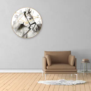 Minimalist horse head wall clock with acrylic UV print finish for living room decor.
