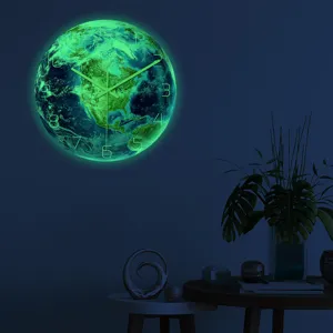 Luminous earth wall clock acrylic UV print silent clock for bedroom living room decor