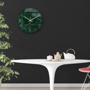 Green marble wall clock modern acrylic gold numbers silent decorative clock for living room