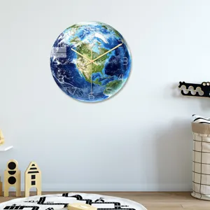 Earth acrylic wall clock for living room bedroom study, modern decorative timepiece design.