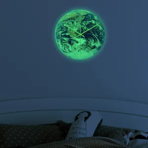 Luminous earth wall clock with glowing numbers, acrylic UV printed globe decor for bedroom.