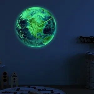 Luminous earth wall clock glow in the dark acrylic time clock for bedroom decoration.
