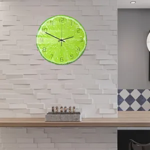 Lime fruit pattern acrylic wall clock UV printed modern minimalist style home decor detail