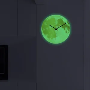 Luminous moon wall clock detail shot showing glowing effect and clear numbers on dark wall.