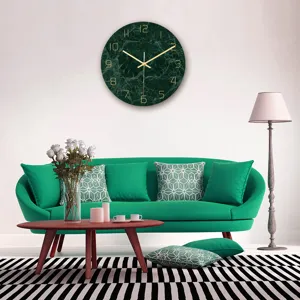 Green marble wall clock with gold numbers, modern decorative clock for living room decor