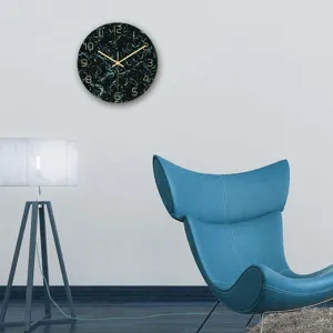 Green marble wall clock scene detail showing modern living room design setup.