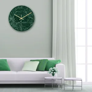 Modern green marble wall clock with gold hands, stylish acrylic clock for living room decor