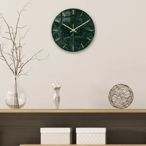 Green marble acrylic wall clock detail, modern minimalist time clock for living room decor.