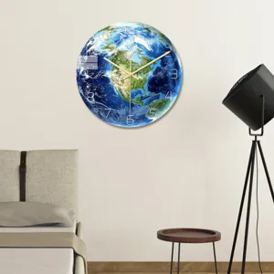 Detailed view of the luminous Earth wall clock, featuring acrylic material and modern design.