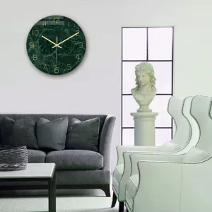 Green marble wall clock detail showing elegant golden numbers and hands in luxury living room.