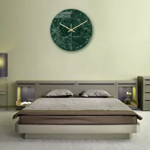 Modern green marble wall clock with gold hands, acrylic UV printed decorative clock for bedroom.
