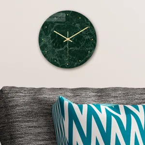 Modern round green marble wall clock with gold hands, minimalist acrylic clock for home decor.
